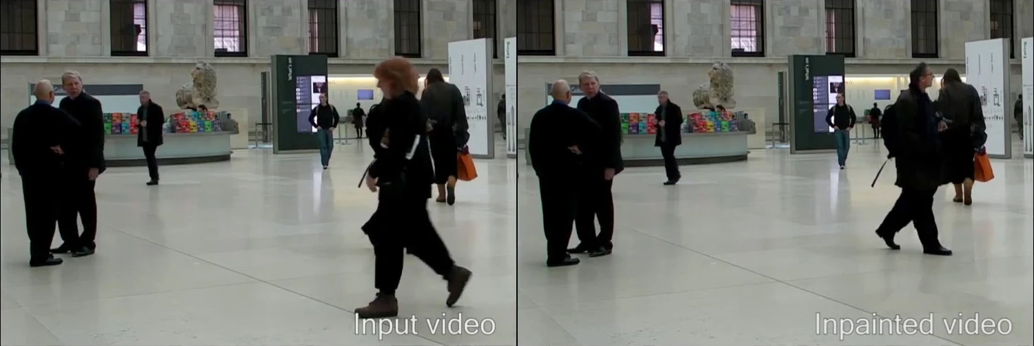 A woman in the foreground occluding an entire man is removed from video footage with minimal artifacts