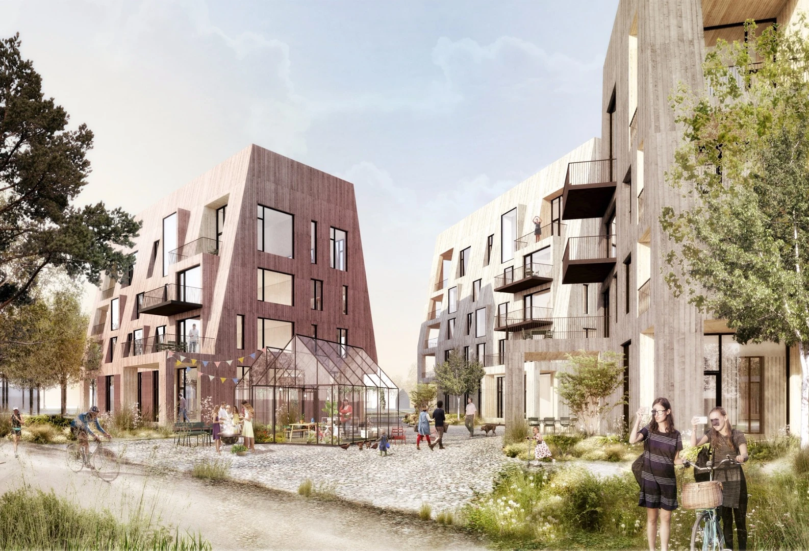 Grass-covered areas will be intersected by walkways that connect the community with the surrounding areas