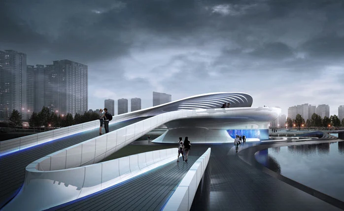 The bridge will connect the north and south foreshores of the park and includes a man-made island in its design (image: L & A Design Group)