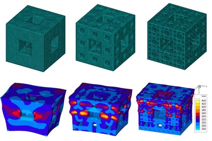 Simulated images show how the cubes with more intricate fractal void patterns dissipate shock waves more effectively