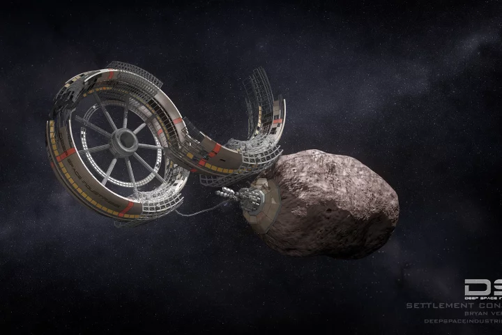 Artist's concept of a space settlement built from asteroid materials harvested by DSI (Image credit: DSI)