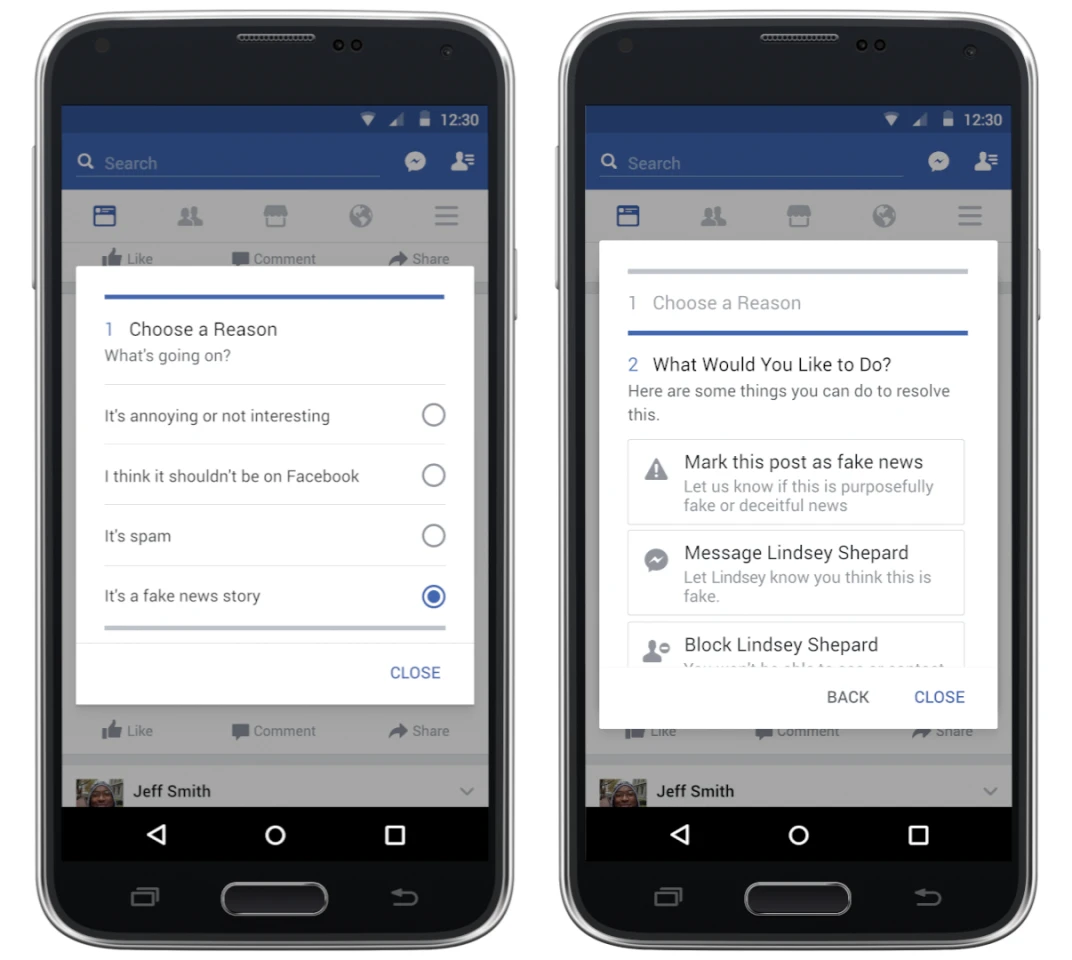 An example of how users would be able to flag potential fake news stories on Facebook
