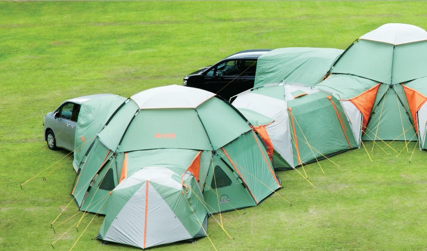 Two Decagon Link Station N600-Js joined by an N7130-J link, each with a car tarpaulin, N240-J tent