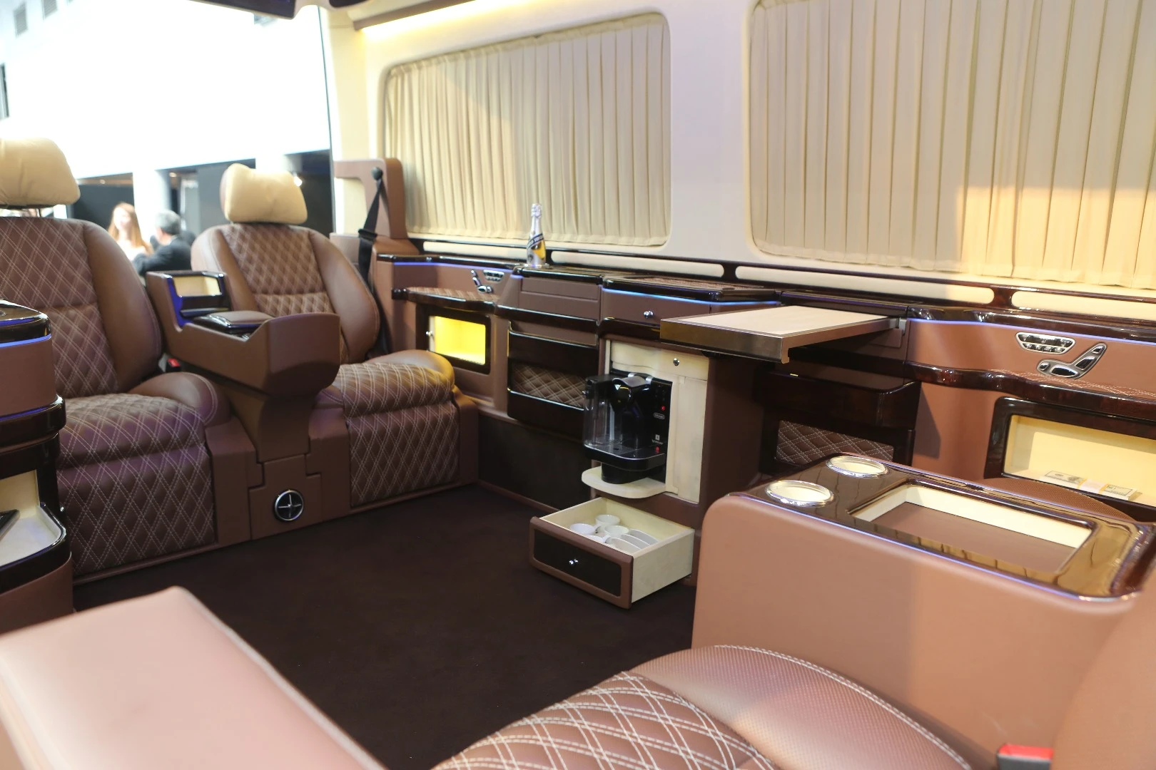 This is the inside of the same van. It's an ultra-quiet office with everything you might need, and it's mobile, ensuring you can squeeze the maximum from each working day, even in transit.
