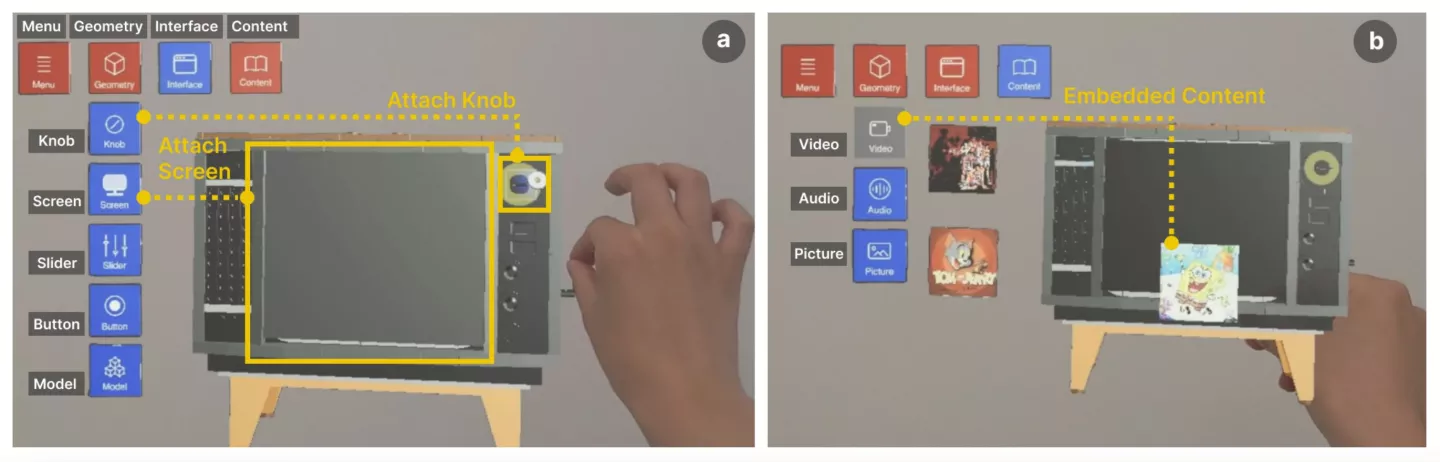 The InteRecon MR interface lets you add interactive elements to distinct parts of your scanned object, and define how they work – like the knobs and screen of this vintage TV
