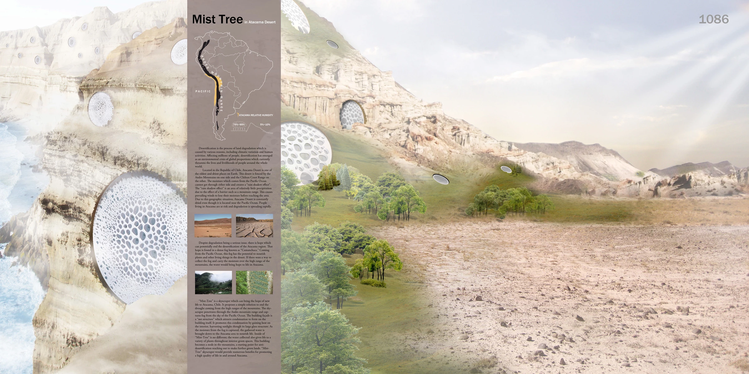 Honorable mention: Mist Tree in Atacama Desert by Yeonkyu Park, Kwon Han, Hyeyeon Kwon, Hojeong Lim. A moisture-harvesting scheme for the irrigation of the desert