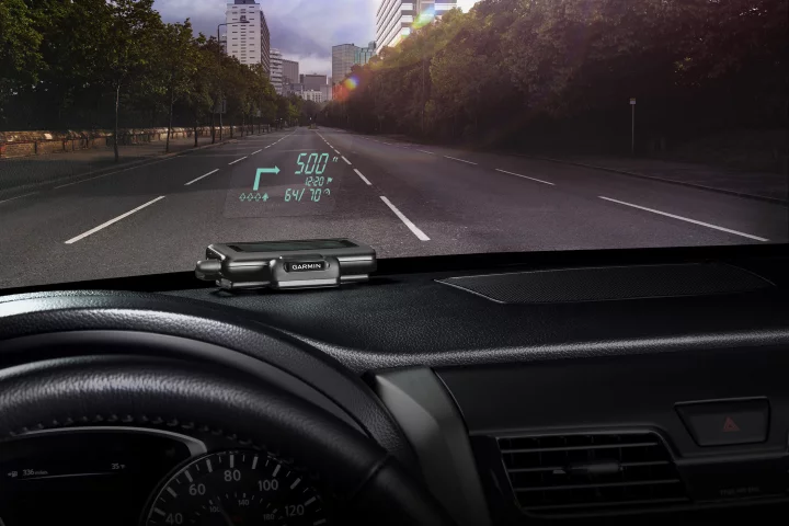 Garmin's portable HUD displays navigation information from a wirelessly linked smartphone on the inside of the windshield