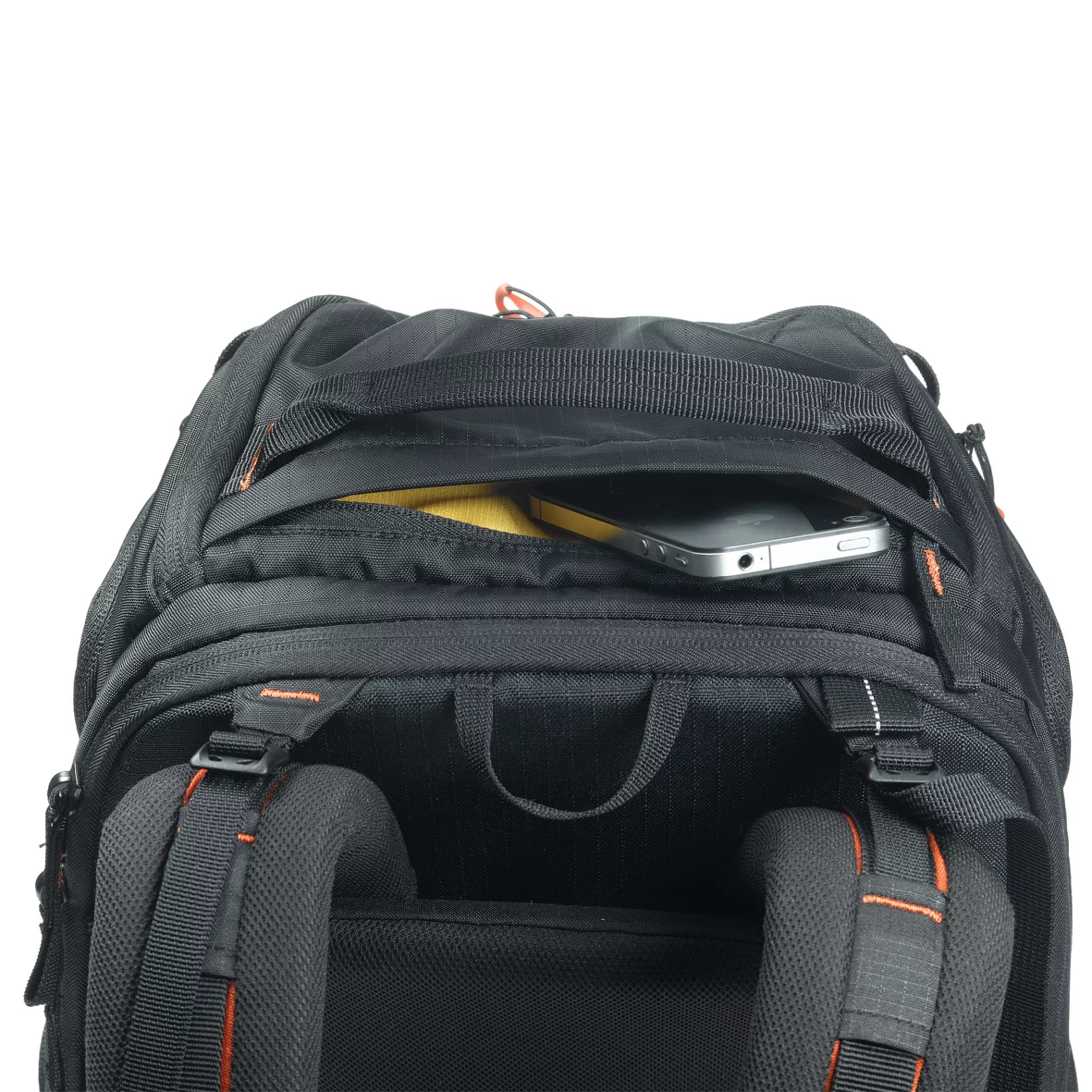 A small pocket on top of Kata's camera bag stores a cell phone, wallet, keys, and other personal items