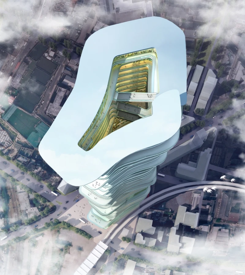 Spiral skyscraper replaces stairs with two rising intertwined ramps