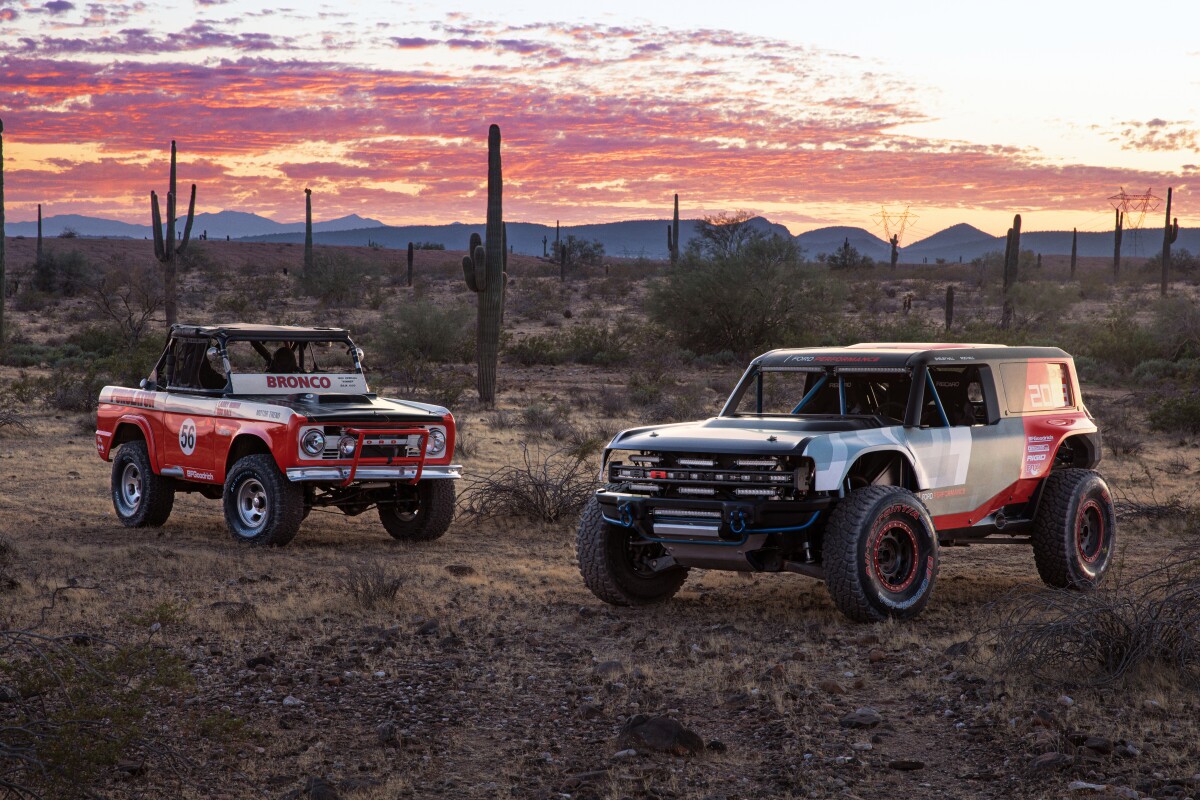 The Bronco R poses with the original 1969 Bronco Baja racer