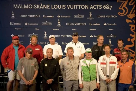 The skippers: Pierre Mas (China), Vasco Vascotto (Mascalzone Latino Capitalia), Chris Dickson (BMW Oracle), Jesper Bank (Germany), Geoff Meek (Shosholoza), Thierry Peponnet, (K-Challenge), Dean Barker (Emirates), Magnus Holmberg (Victory), Jochen Schueman