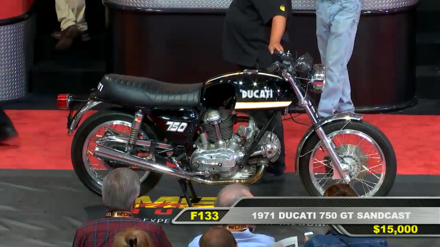 This bike is one of the original 400 sandcast Ducati 750 cc v-twins which included the famous 1972 Imola race bikes. Sold for $27,500 against an estimate of $30,000 to $40,000. Official Auction Description