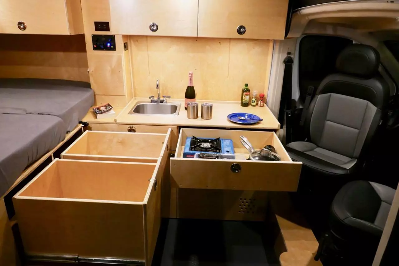 A look at Glampervan's under-bed and kitchen drawer space