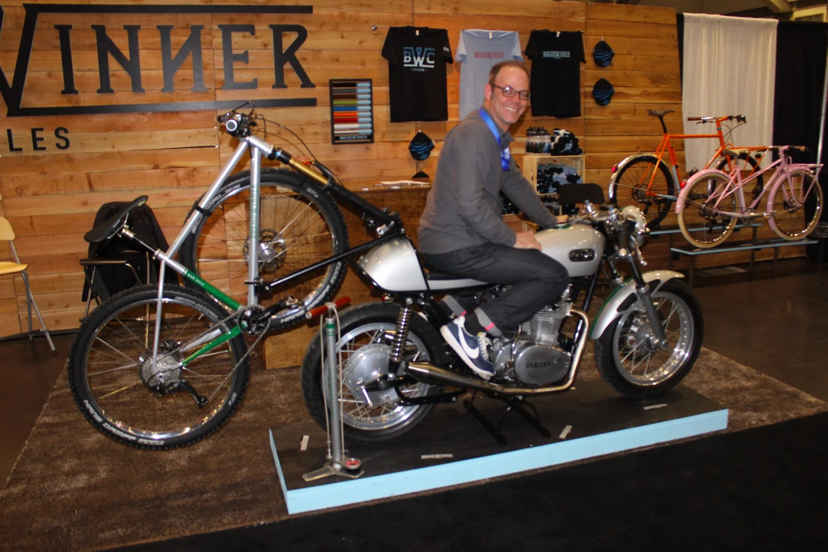 Bread Winner Cycles had this custom bike rack for motorcycles on display – note that the bike and motorcycle have matching paint jobs