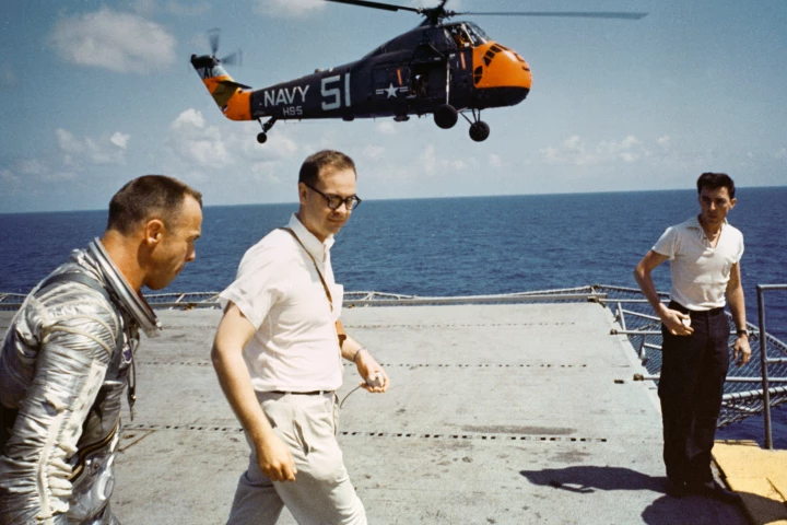 Alan Shepard headed for debriefing after his suborbital flight