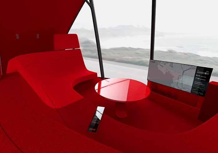 As well as curved seating, the vehicle will have a touchscreen display to offer trip details, entertainment such as movies or games, or business information