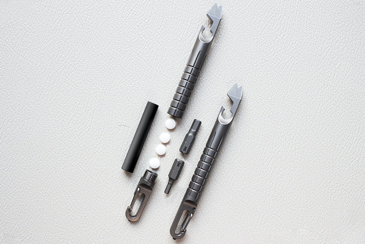 Infinity can carry the included horizontal bar (left) or items such as pills and bits.
