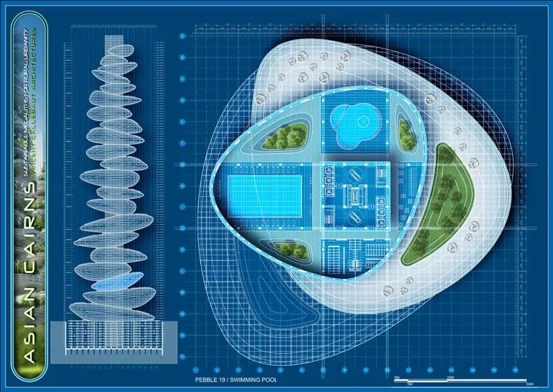 For energy, the designs feature plenty of photovoltaic and photo thermal solar cells, along with axial wind turbines spread along the top of each section