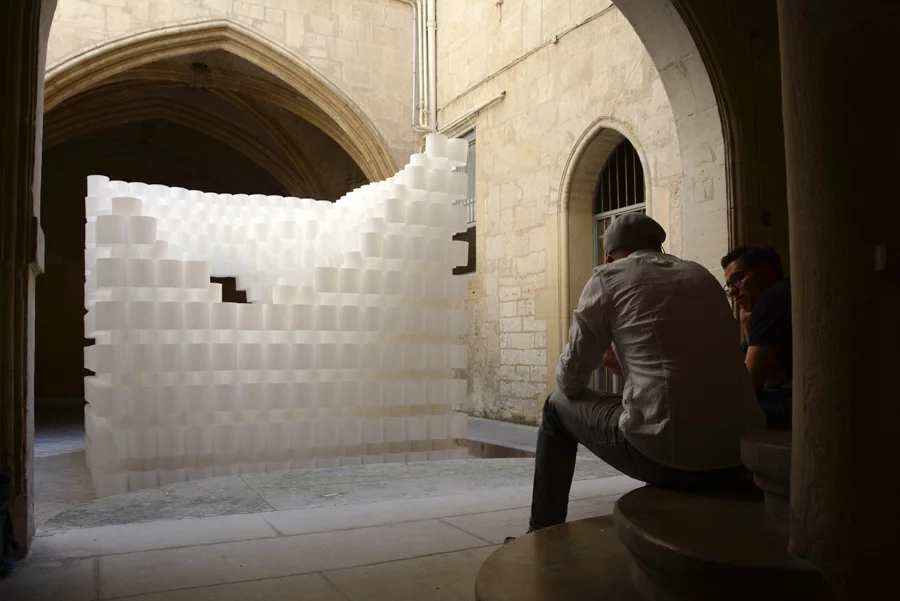 The Paper Cloud is constructed from 2000 laminated paper rings that slot together