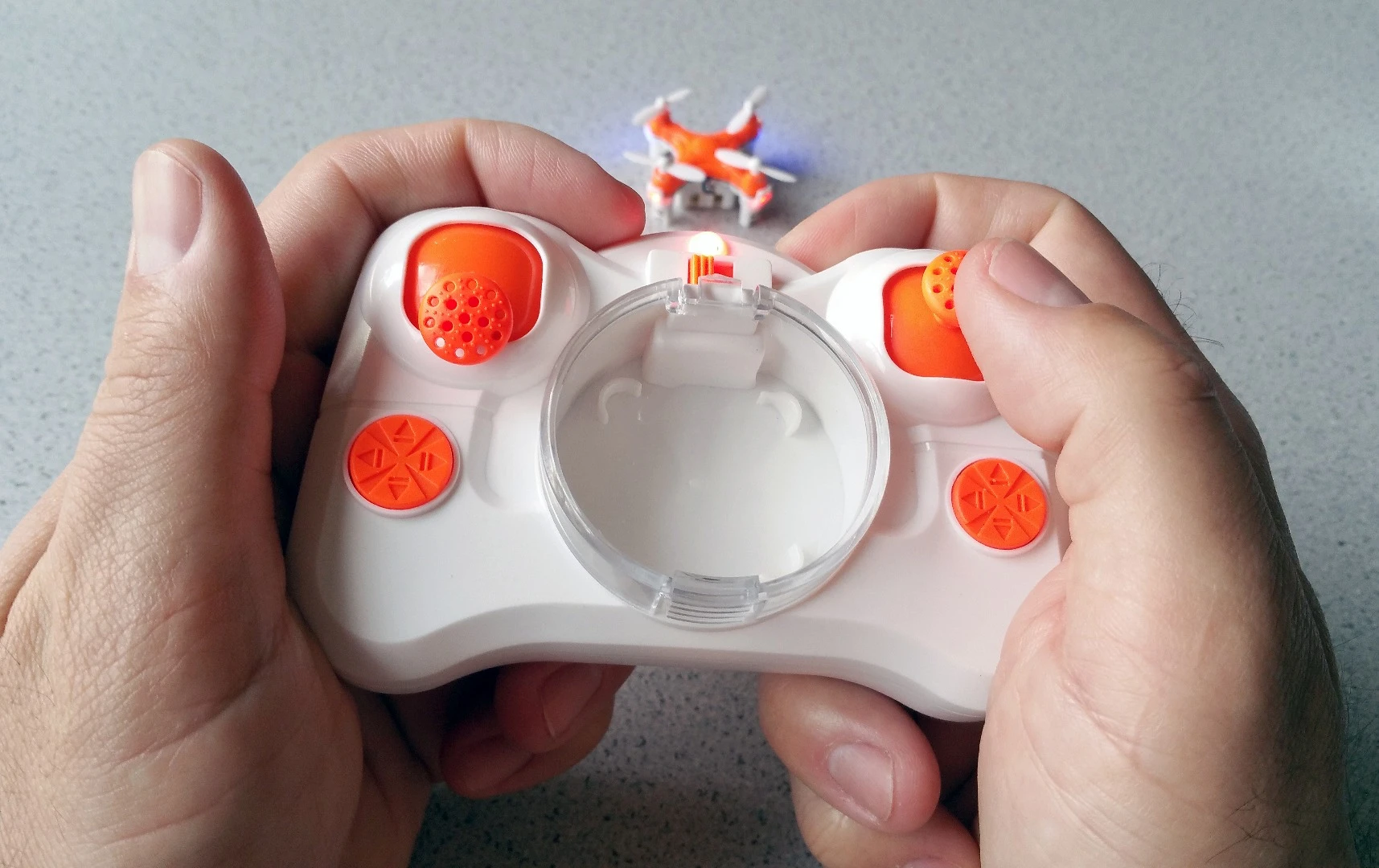 The transmitter for the Axis Drones Aerius quadcopter is compact, yet still comfortable enough to handle
