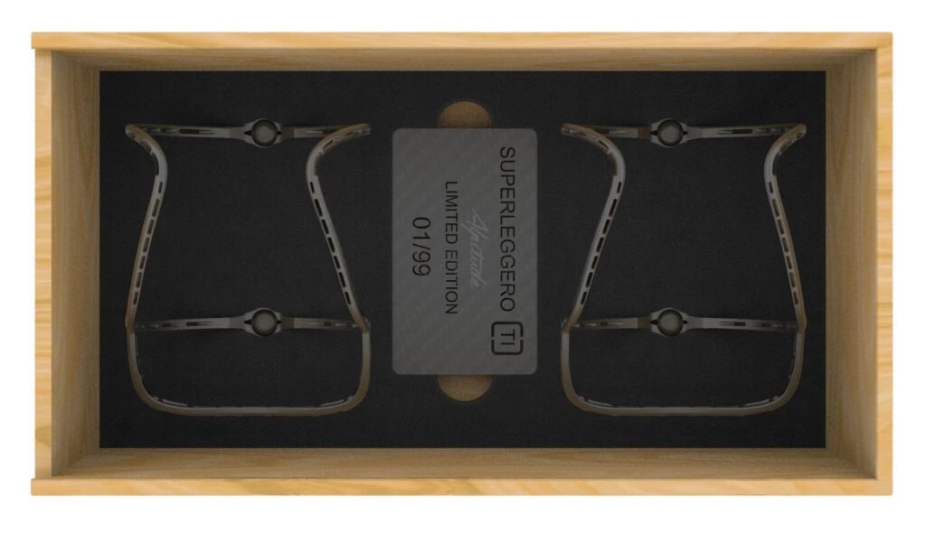 Each set comes in a wooden box, along with a carbon fiber number card
