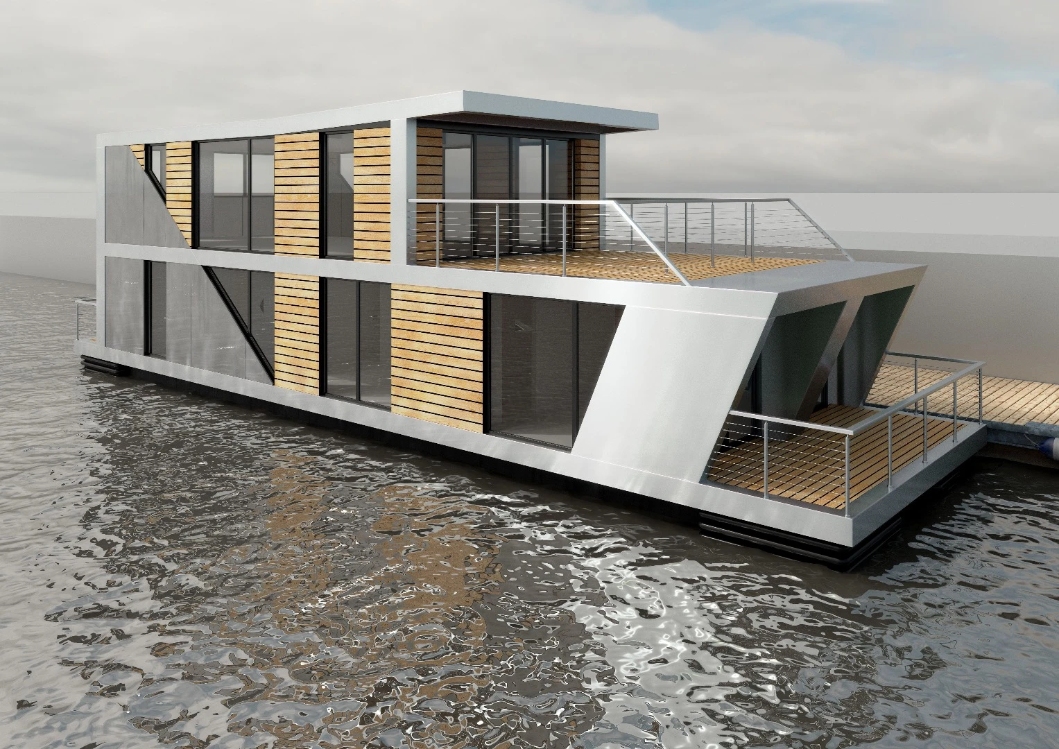 A render showing Bluefield Houseboats' two-story model