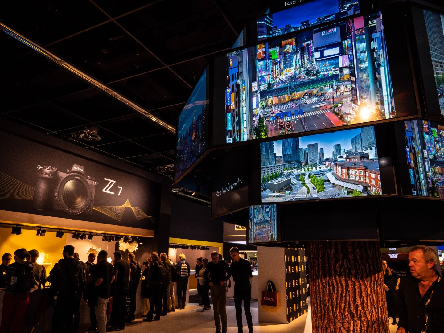 A digital tree full of Rob Whitworth's urban images next to Sony's Z7 display