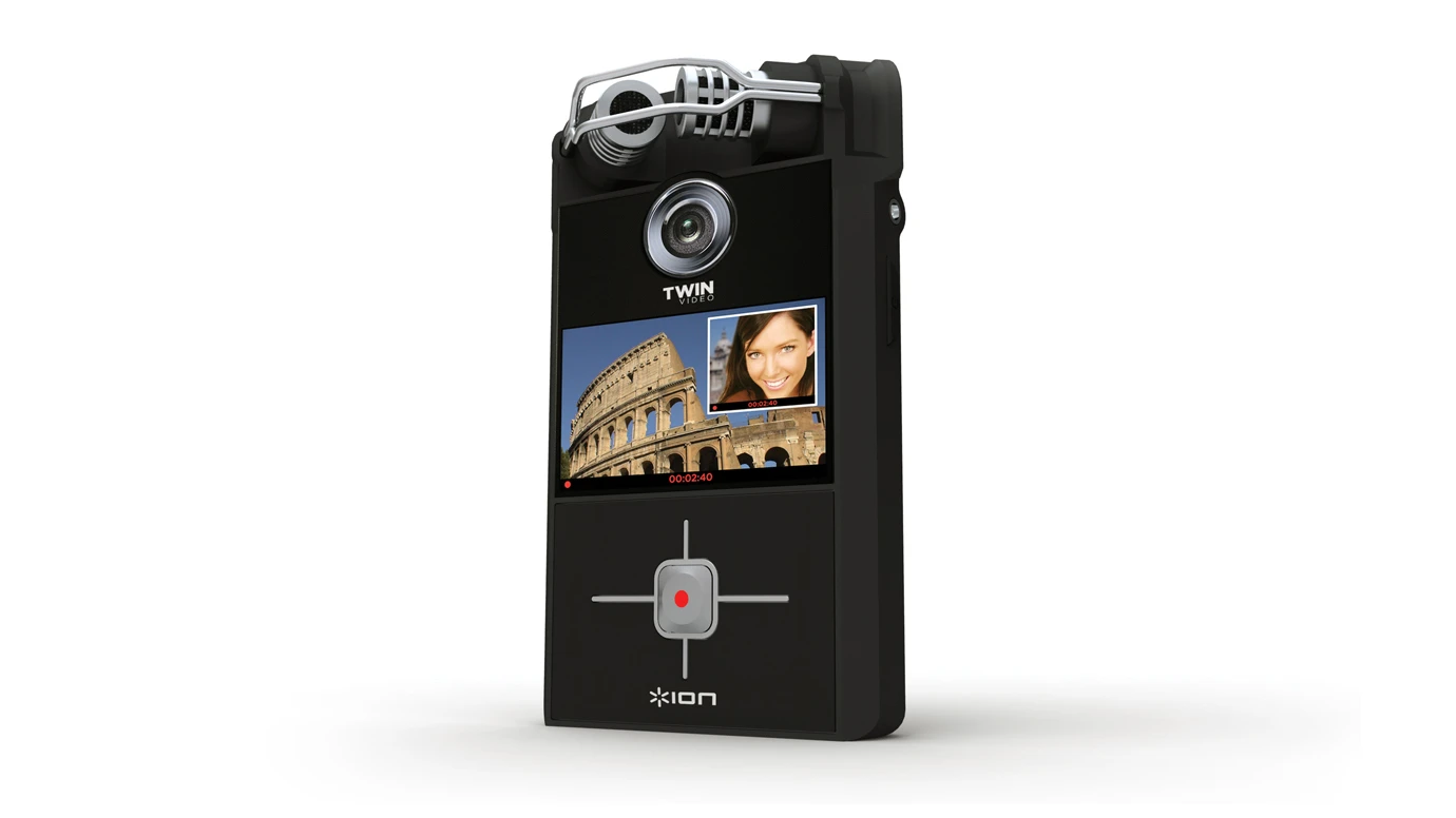The Ion Twin Video camcorder features front and back cameras plus stereo microphones