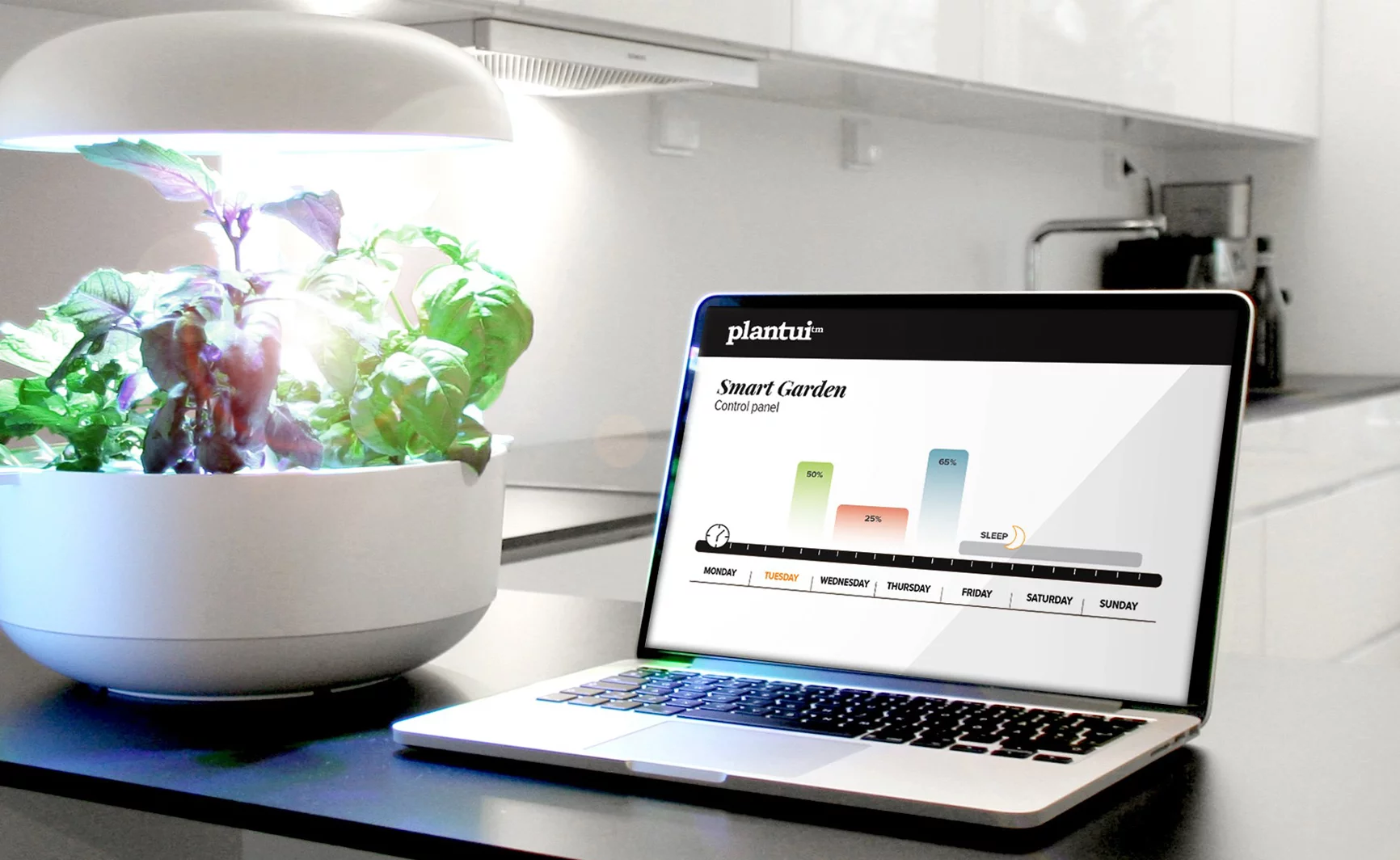 The Plantui Plantation smart garden allows user control over lighting and watering of their plants