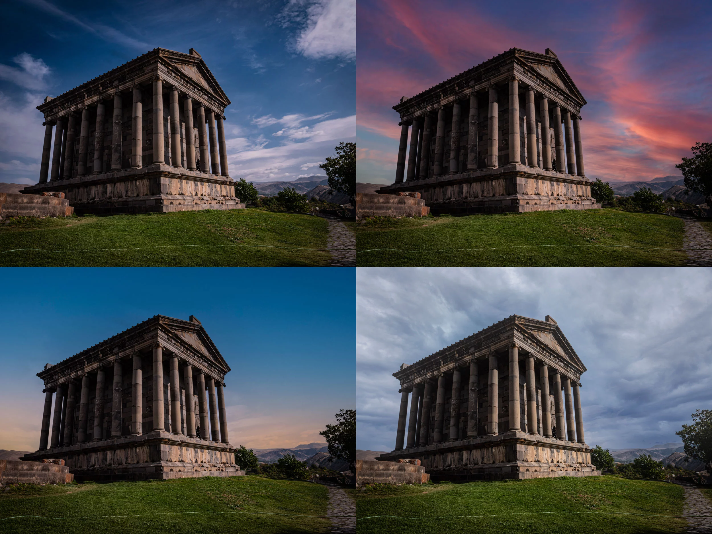 Armenia's Temple of Garni, a Greco-Roman structure not far from Yerevan built somewhere around 2,000 years ago. Photoshop's new Sky Replacement tool gave this shot four different looks in about five minutes. Original is top left
