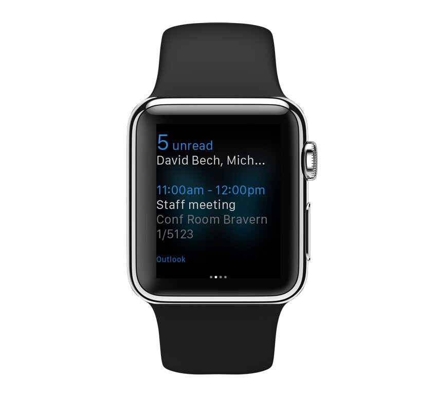 The Outlook WatchKit extension supports the device's Glances (quick-look widgets)
