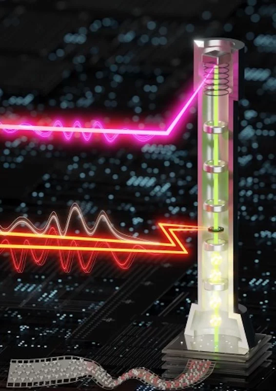 A diagram of the attomicroscope. The UV laser (pink) sets off an ultrafast pulse of electrons (green) inside the attomicroscope. Then, a laser pulse is split into two beams (orange) which hit the sample at slightly different times, triggering a one-attosecond electron pulse that can image a sample