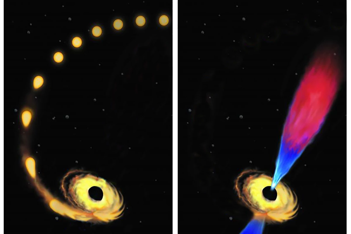 An artist's impression of a star being pulled in by the gravity of a black hole (left), and the resulting jet of plasma (right)