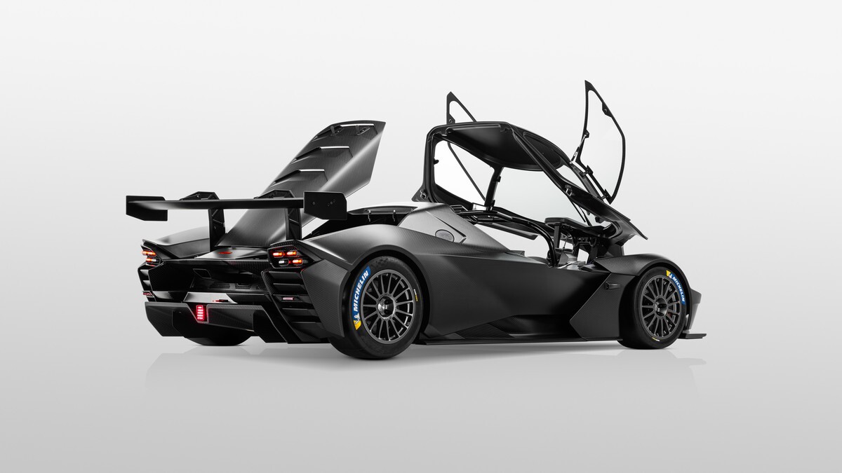 The 2022 KTM X-Bow GTX shows off its pop-top canopy, complete with window-doors