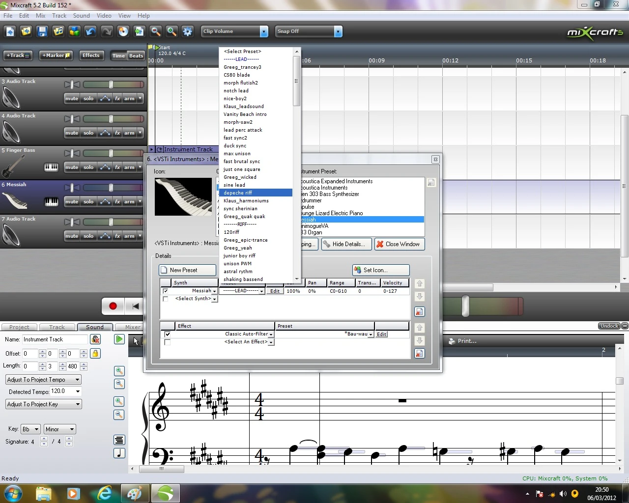 Mixcraft 5 offers similar virtual backing track creation possibilities as Studio One, with musical notation or visual representation of an instrument loop timeline and a huge variety of instruments available