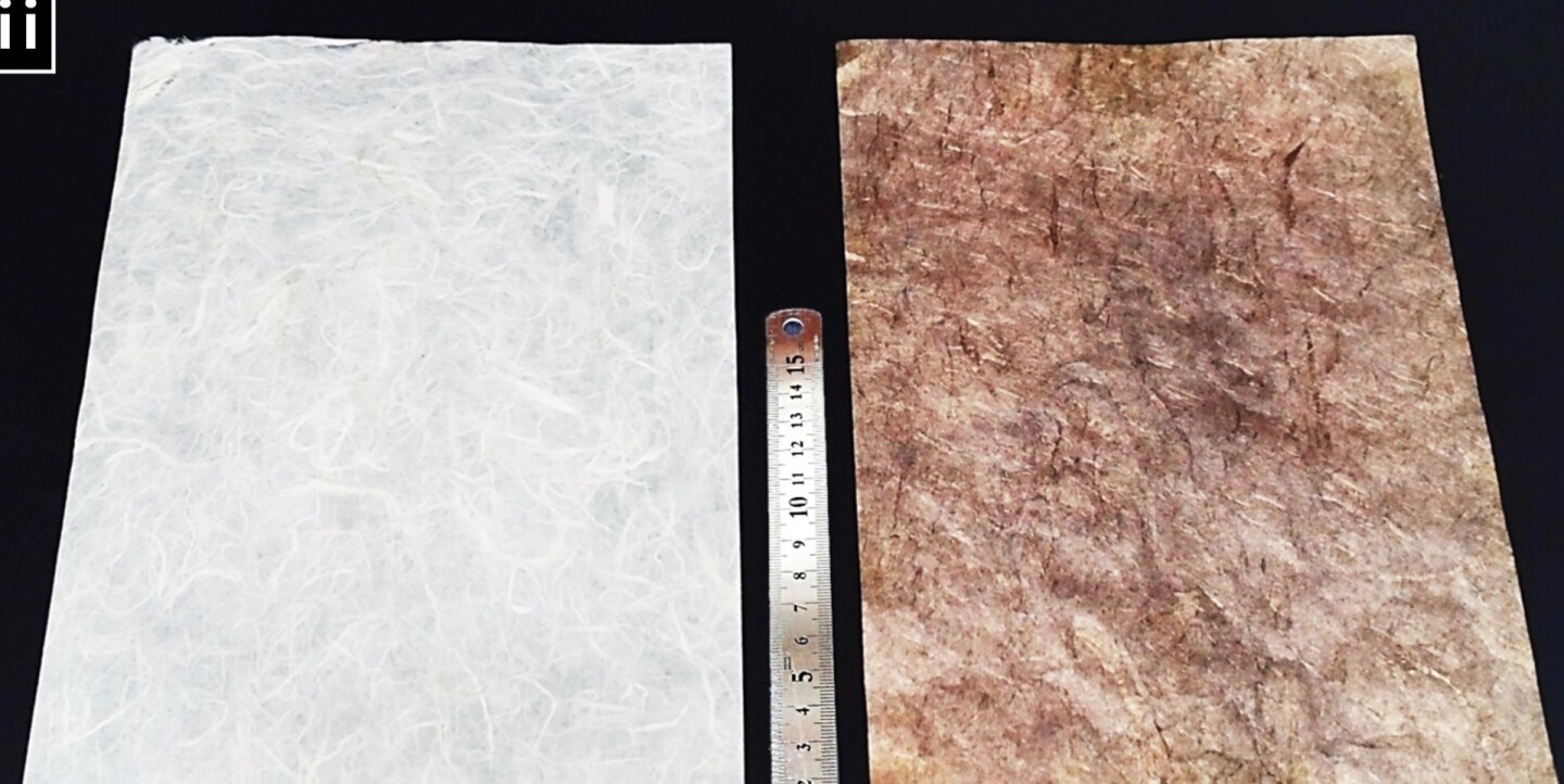 The supercapacitor starts with regular paper (left), which is dipped in different solutions to metalize it (right), where gold nanoparticles line the insides of fibers in the paper