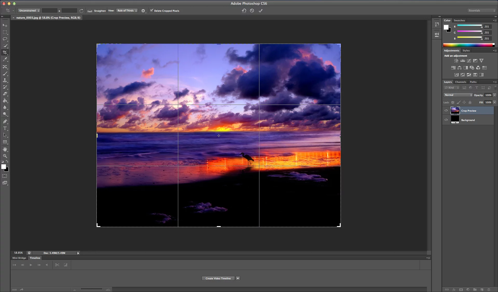 Photoshop CS6's crop tool includes a number of overlays, such as "Rule of Thirds"