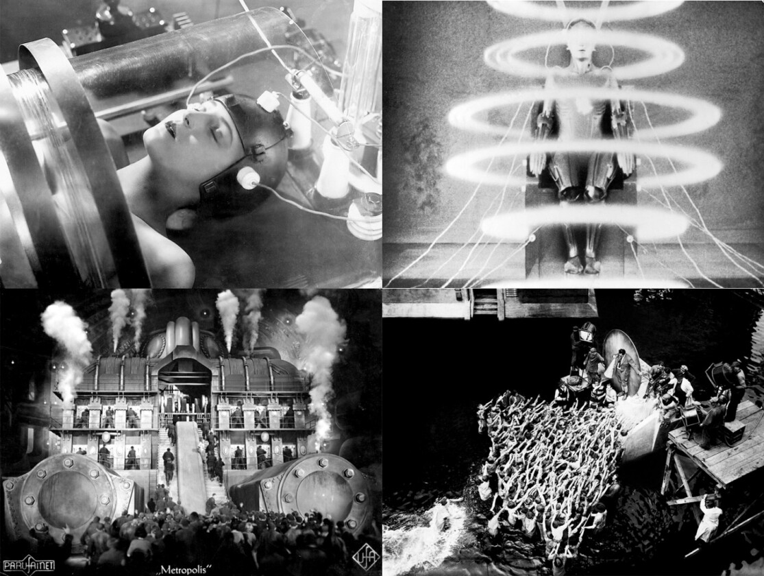 Scenes from the 1927 movie Metropolis which is generally regarded as the first science fiction movie.