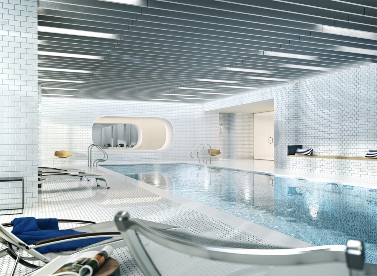 Via 57 West has a fitness center with a swimming pool, gym, wellness lounge, exercise studios, spin studio, sundeck, golf simulator and putting green and indoor half-court basketball