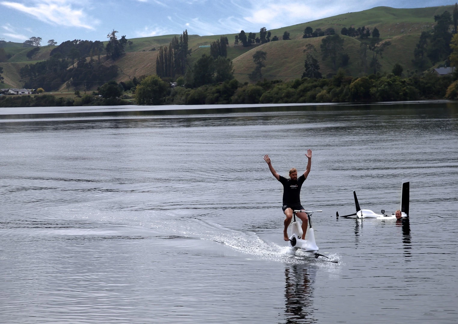 The Hydrofoiler includes buoyancy elements for instances when you get off in the water. Apparently you can get back on and start in the water, too