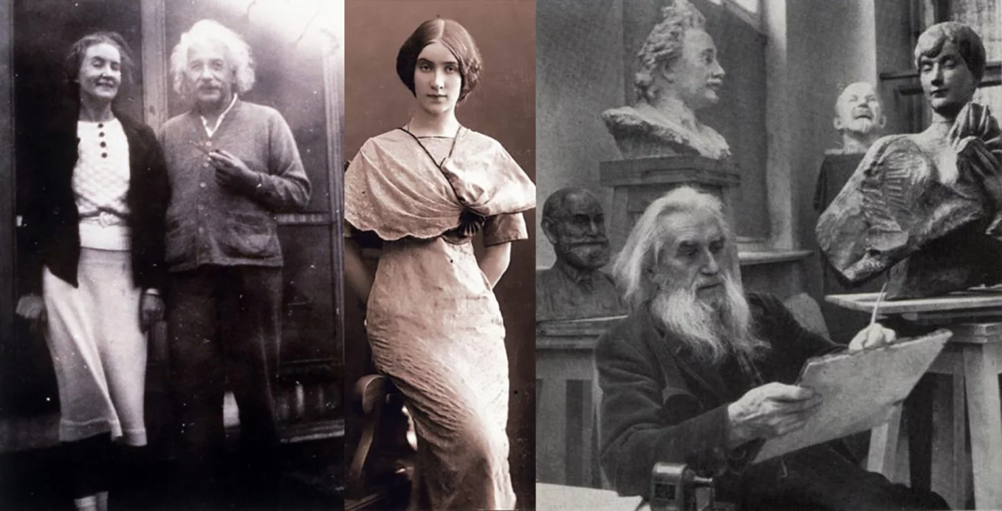 Margerita Konenkova was a former lawyer who spoke five languages and lived in Greenwich Village with her husband, Russian Realist sculptor, Sergei Konenkova, sometimes referred to as the "Russian Rodin". She was introduced to Einstein by his wife Elsa, and the couples became friends, with Sergei producing a famous sculpture of Einstein (above right with a sculpture of Margerita top right in the photo). Albert and Margerita began an affair after Elsa's death. Margerita worked for soviet intelligence.