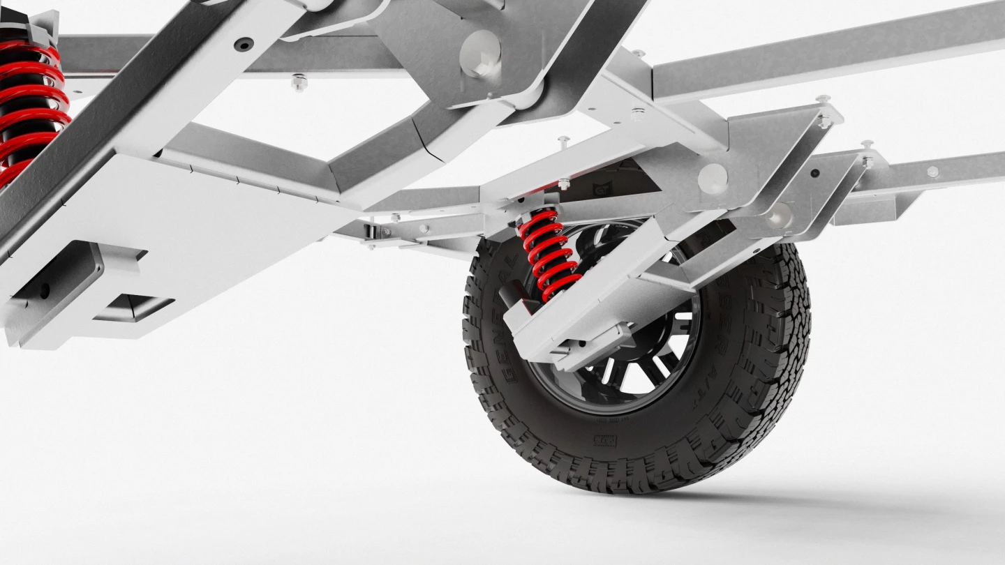 Escapod's independent trailing-arm suspension system puts the shock and spring on the same plane for 5 in of travel at each wheel