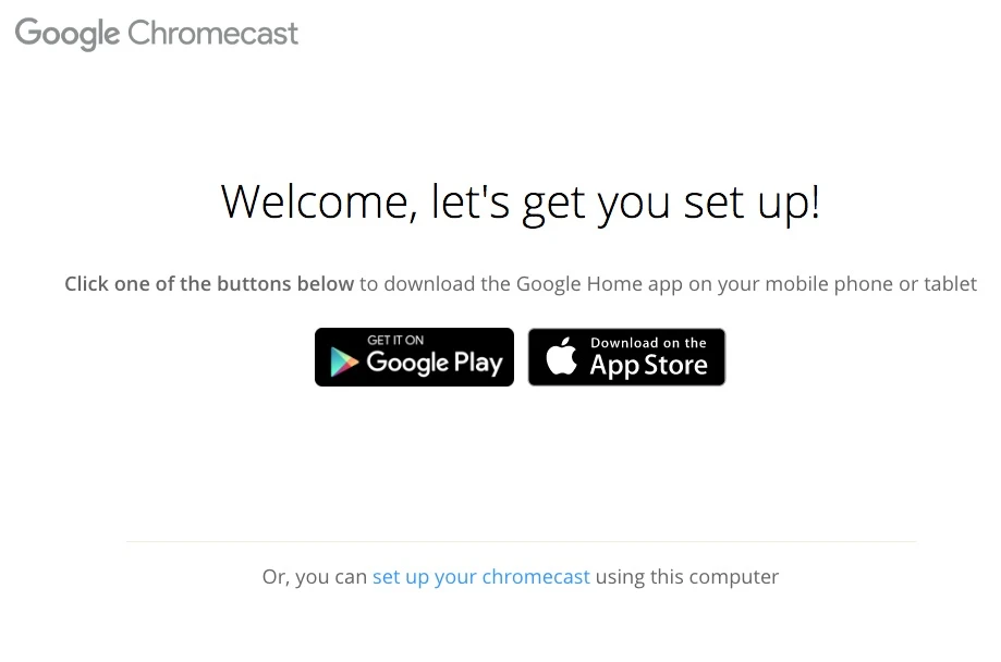 To set up the Chromecast from a laptop, Mac or PC, go to chromecast.com/setup using the Chrome browser, and then click "set up your Chromecast using this computer" at the bottom of the screen