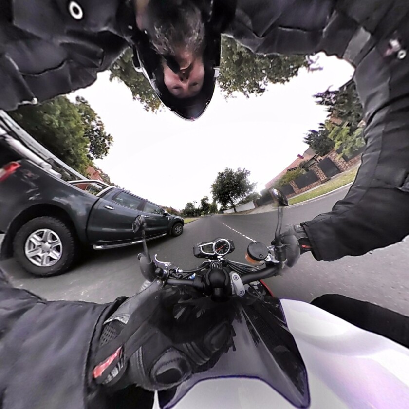 A crotch-eye view of a motorcycle ride.