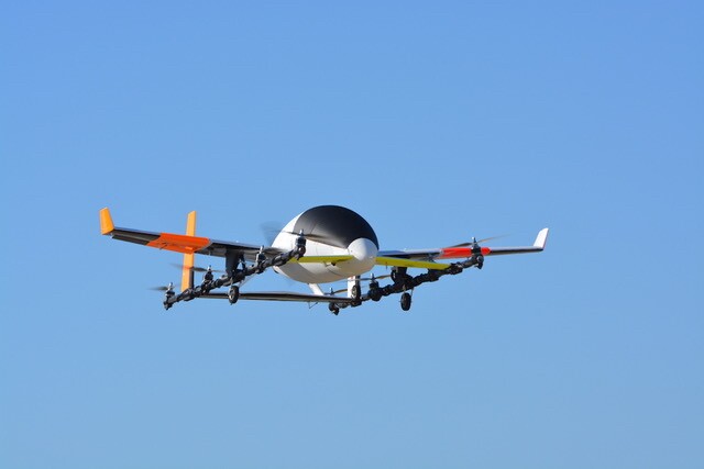 The two-passenger eVTOL uses eight horizontally-oriented propellers to take off and land vertically, while a vertical prop in the rear allows it to switch to faster and more efficient fixed-wing flight once airborne