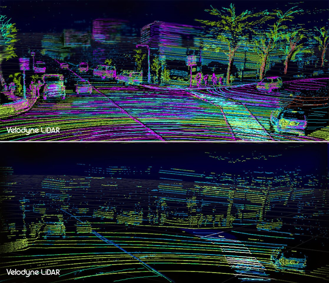 10X the resolution: Comparison of the VLS-128 point cloud (top) to the HDL-64 point cloud (bottom)