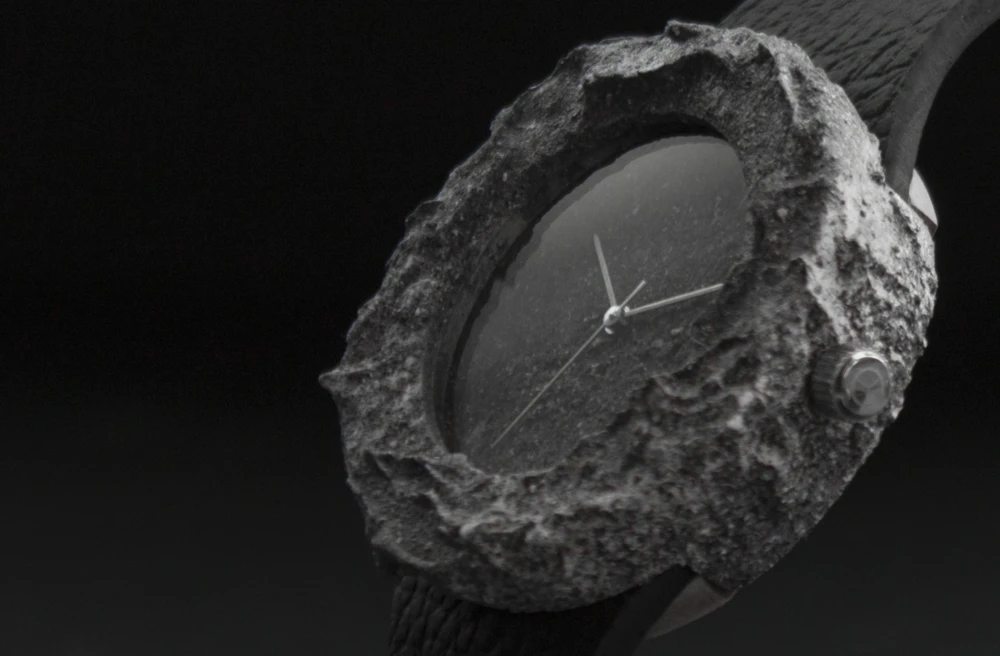 The Lunar Watch is crafted in Switzerland from lunar olivine basalt collected on a Russian mission