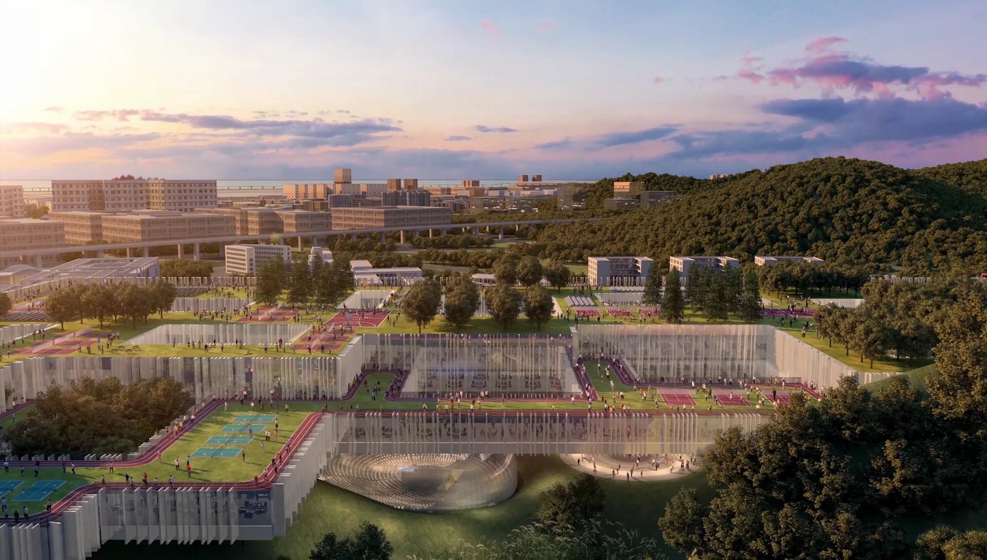 The Shenzhen Institute of Design will be topped by a massive green roof that includes gardens, walkways, and sports areas