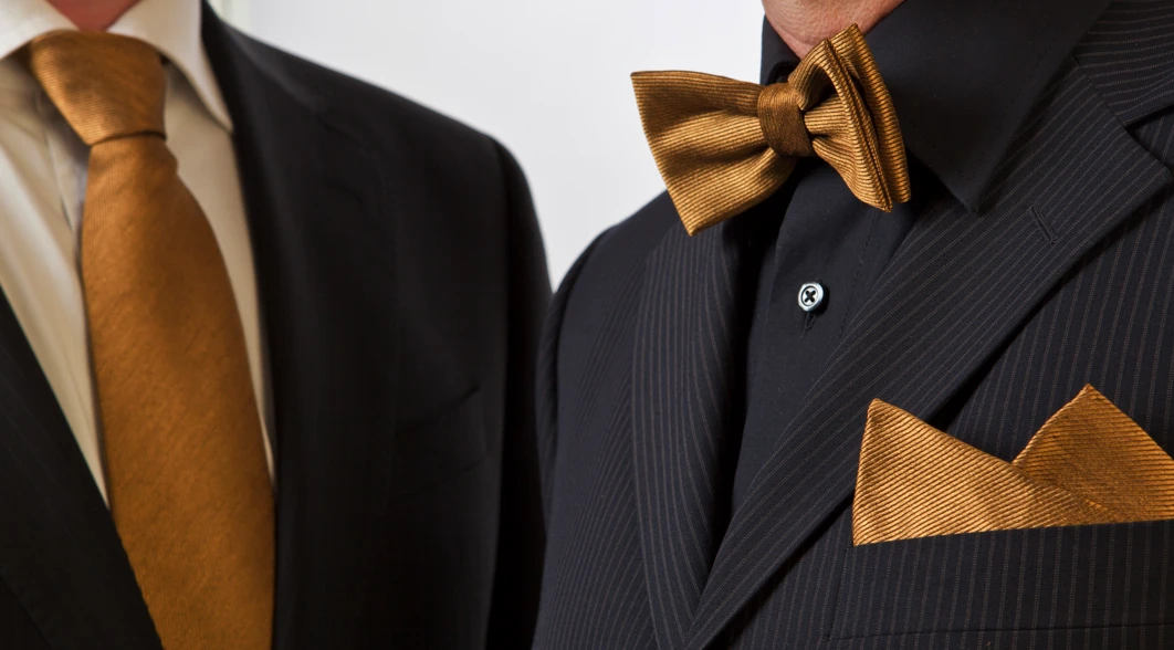 Necktie, bowtie and handkerchief made with the worlds first 24 carat gold-coated silk (Photo: EMPA)
