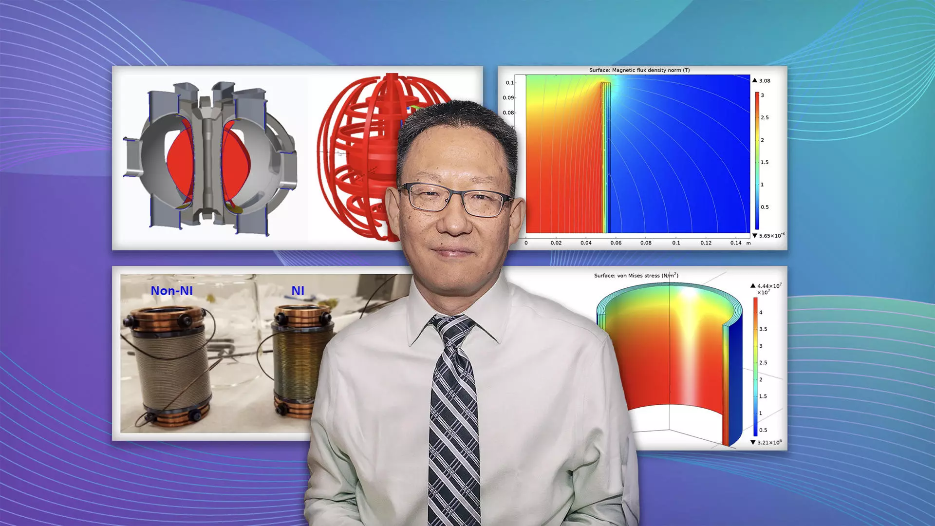 Yuhu Zhai, a principal engineer at PPPL, with images detailing his research on magnets for tokamak fusion reactors